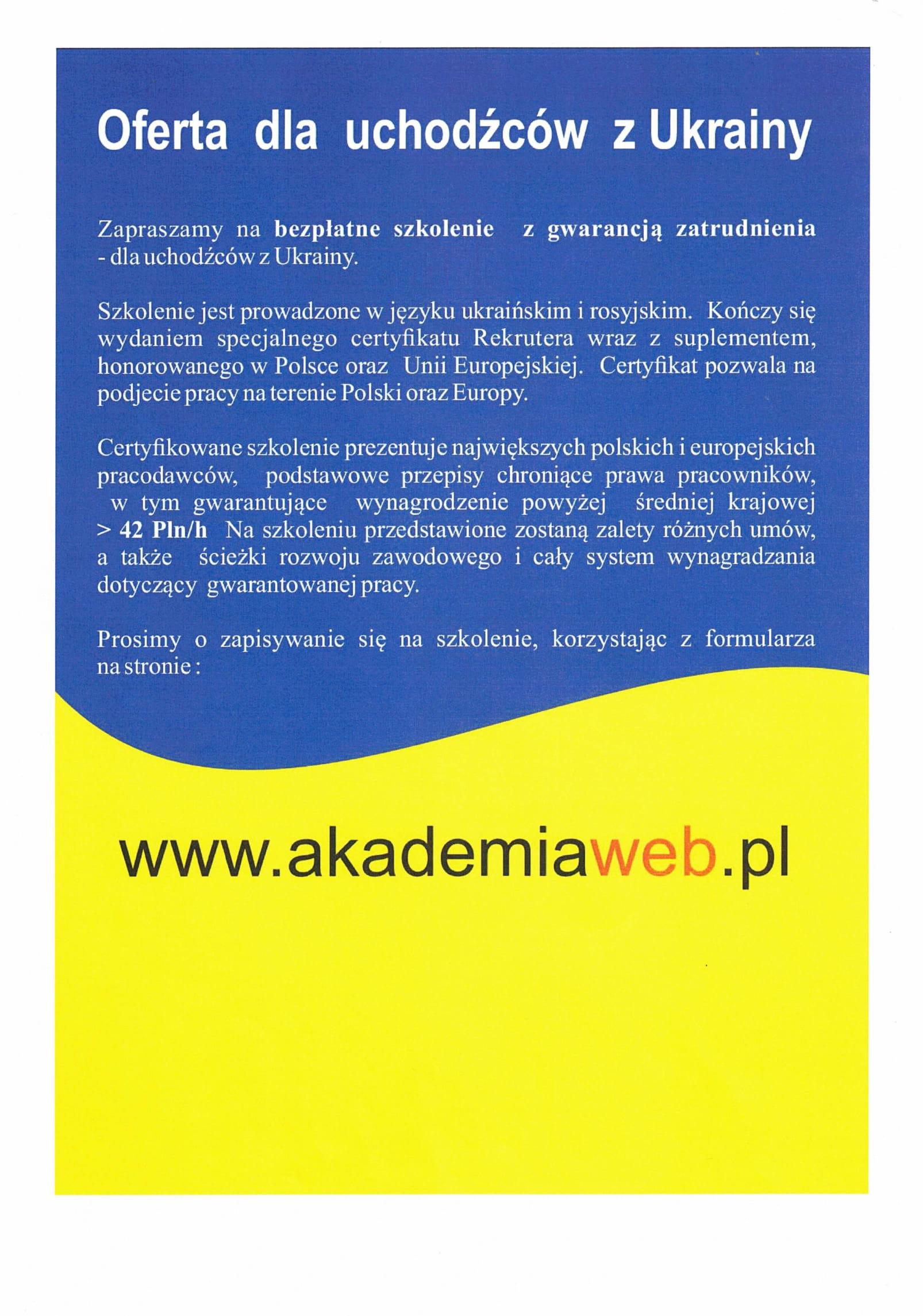 Oferta dla uchodźców z Ukrainy - ulotka w języku polskim